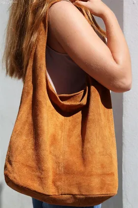 zamszowa torebka skórzana na ramię z saszetką camelowa N88 brązowy, beżowy