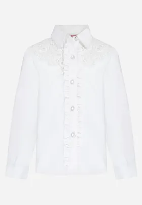 Biała Bawełniana Koszula z Koronką Przy Dekolcie i Kołnierzyku Acadite