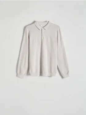 Sweter typu polo, z kolekcji PREMIUM, wykonany z bawełny z domieszką kaszmiru. - złamana biel