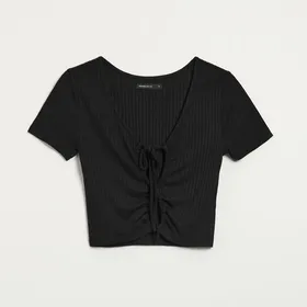 Bawełniana bluzka z wiązaniem przy dekolcie czarna - Czarny