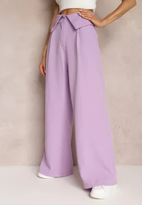 Fioletowe Szerokie Spodnie z Wysokim Stanem i Kieszeniami Callista