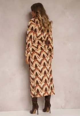 Beżowo-Brązowa Sukienka Kopertowa w Geometryczny Wzór Elavelle