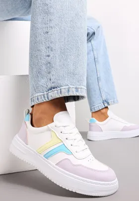 Biało-Fioletowe Sneakersy na Płaskiej Podeszwie z Kolorowymi Przeszyciami Niomie
