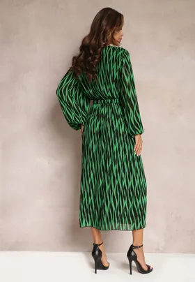 Zielona Plisowana Sukienka Maxi z Kopertową Górą i Gumką w Pasie Holia