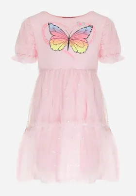 Różowa Sukienka z Brokatowym Motylkiem i Tiulowym Dołem Princessia