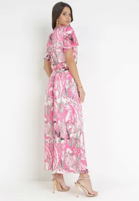 Różowa Satynowa Sukienka Maxi z Kopertowym Dekoltem i Gumką w Pasie Posedana