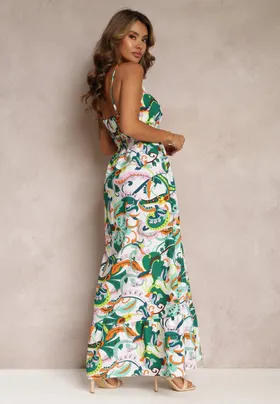 Jasnozielona Rozkloszowana Sukienka Maxi na Ramiączkach z Kopertowym Dekoltem i Gumką w Talii Ellama