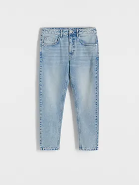 Spodnie jeansowe typu carrot, wykonane z denimu. - niebieski