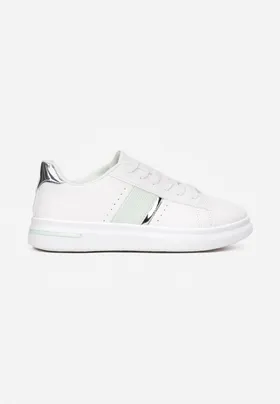 Biało-Jasnozielone Sneakersy na Płaskiej Podeszwie z Metaliczną Wstawką Havuni