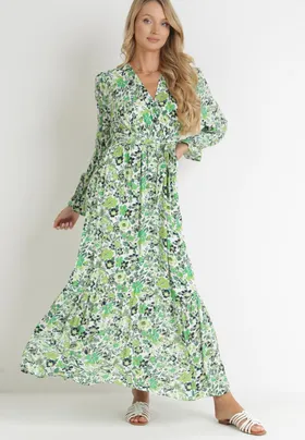 Zielona Kwiecista Sukienka Maxi z Wiskozy z Gumką w Talii i Materiałowym Paskiem Alilline