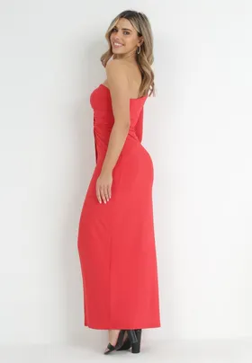 Czerwona Kopertowa Sukienka Maxi na Jedno Ramię z Marszczeniami Analaura