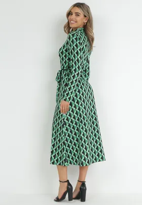 Zielona Koszulowa Sukienka w Geometryczny Mozaikowy Wzór z Wiązanym Paskiem Kenjal