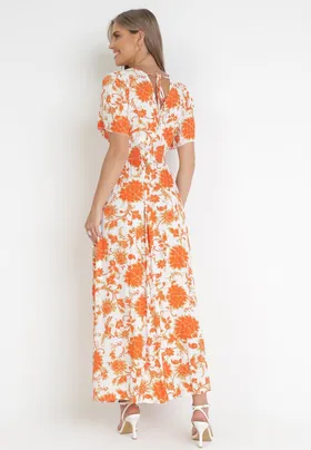 Pomarańczowa Rozkloszowana Sukienka z Wiskozy w Kwiaty Rawnie