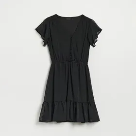 Czarna sukienka z dekoltem w serek i ozdobnymi guzikami - Czarny