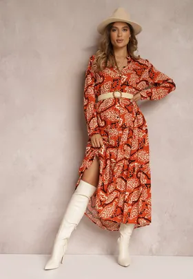 Pomarańczowa Sukienka Koszulowa w Kwiaty Kolni