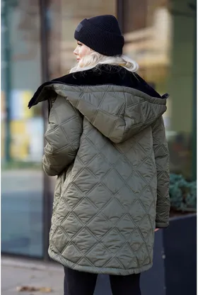 Oliwkowa ciepła pikowana kurtka z misiem - Polin
