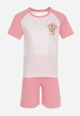 Różowe 2-częściowy Komplet Piżamowy z T-shirtem i Szortami Hefienne