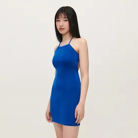 Kobaltowa sukienka mini z wiązaniem na szyi - Granatowy