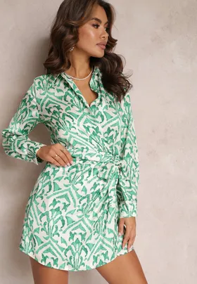 Zielona Sukienka Kopertowa z Wiązaniem i Wzorzystym Printem Mildsmith