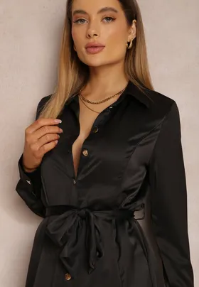 Czarna Sukienka Koszulowa z Wiązanym Paskiem Ezaovy