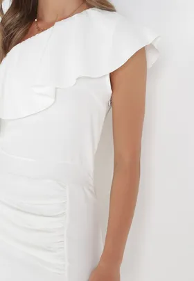 Biała Asymetryczna Sukienka Midi z Falbanką i Rozcięciem Joyannwe