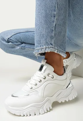 Białe Sneakersy na Grubej Podeszwie z Metalicznymi Aplikacjami Nalos