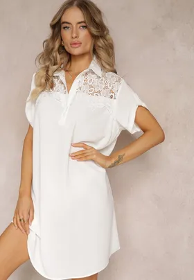 Biała Koszulowa Sukienka z Ozdobną Koronką i Krótkim Rękawem Cinzia