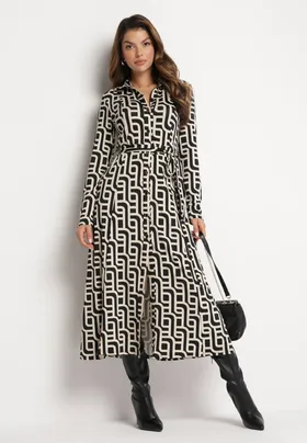 Beżowo-Czarna Koszulowa Sukienka Maxi w Geometryczny Wzór z Wiązanym Paskiem Gelama
