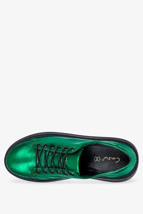 Zielone sneakersy skórzane damskie metaliczne buty sportowe sznurowane na platformie produkt polski casu 2290