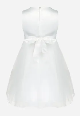 Biała Balowa Sukienka z Tiulowym Dołem Ozdobiona Cyrkoniami i Perłami Lisima
