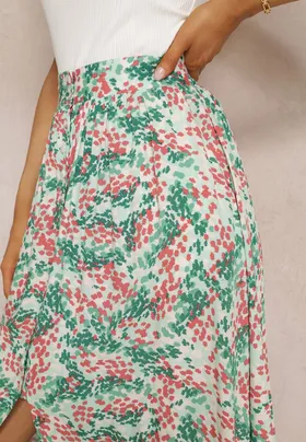 Zielona Rozkloszowana Spódnica Maxi z Gumką w Talii z Wiskozy w Kwiaty Scottia