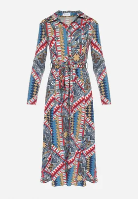 Niebieska Sukienka z Geometrycznym Wzorem i Materiałowym Paskiem Ivanne