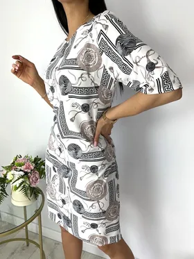 Kremowa Sukienka ze Wzorem 7654-87