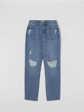 Sponie jeansowe o prostym kroju z dekoracyjnymi przetarciami na nogawkach. - niebieski