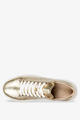 Złote sneakersy skórzane damskie buty sportowe sznurowane na białej platformie produkt polski casu 2288