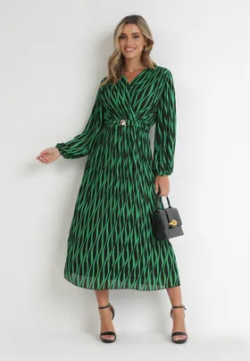 Zielona Rozkloszowana Sukienka Plisowana z Paskiem Famalee