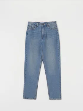 Spodnie jeansowe o kroju mom, wykonane z bawełnianej tkaniny. - turkusowy