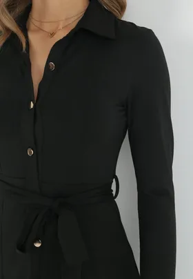 Czarna Sukienka Maxi i Koszulowym Fasonie z Wiązaniem mZynlee