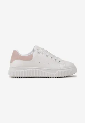 Biało-Różowe Sznurowane Sneakersy z Metaliczną Wstawką i Żłobieniami Komparre
