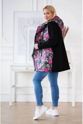 Czarna bluza-kurtka z kapturem - kolorowe liście - SISSY