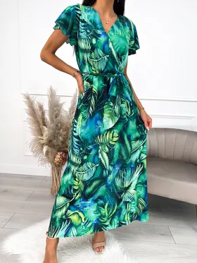 Zielona Sukienka Maxi w Roślinny Wzór