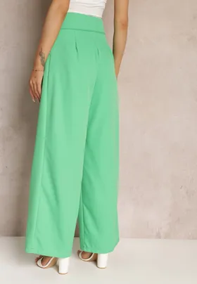 Zielone Szerokie Spodnie z Wysokim Stanem i Kieszeniami Callista