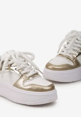 Biało-Złote Sneakersy z Cholewką z Licznymi Wstawkami na Grubej Podeszwie Lenarise