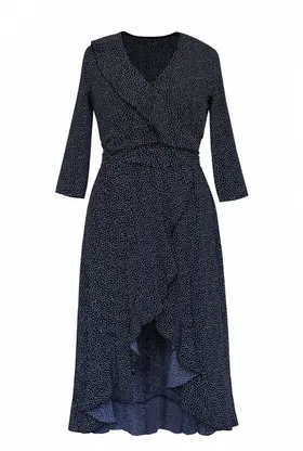 Asymetryczna sukienka z falbanką czarna w białe kropki - LILIANE