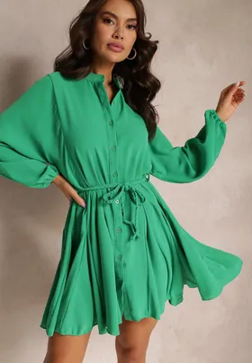 Zielona Rozkloszowana Sukienka Koszulowa z Paskiem Javiana