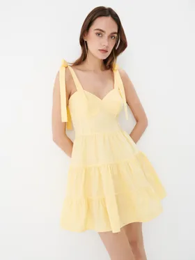 Bawełniana sukienka mini na ramiączkach - Żółty
