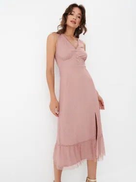 Pudrowa sukienka midi - Różowy