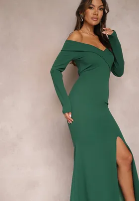 Zielona Dopasowana Sukienka Maxi z Rozcięciem i Dekoltem Carmen Okora