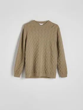 Sweter o regularnym kroju, wykonany ze strukturalnej, bawełnianej dzianiny. - oliwkowy