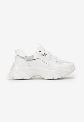 Białe Sneakersy przed Kostkę na Grubej Podeszwie z Metalicznymi Wstawkami Sepella